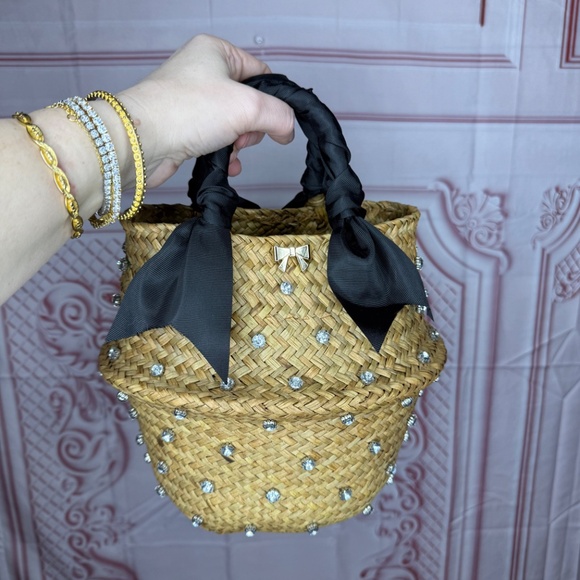 Unique straw handbag with rhinestones and black lining and ribbon - Picture 5 of 5